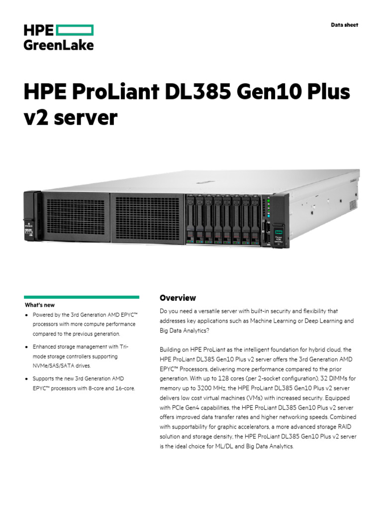 HPE ProLiant DL385 Gen10 Plus v2 Server Data Sheet | PDF | Central ...