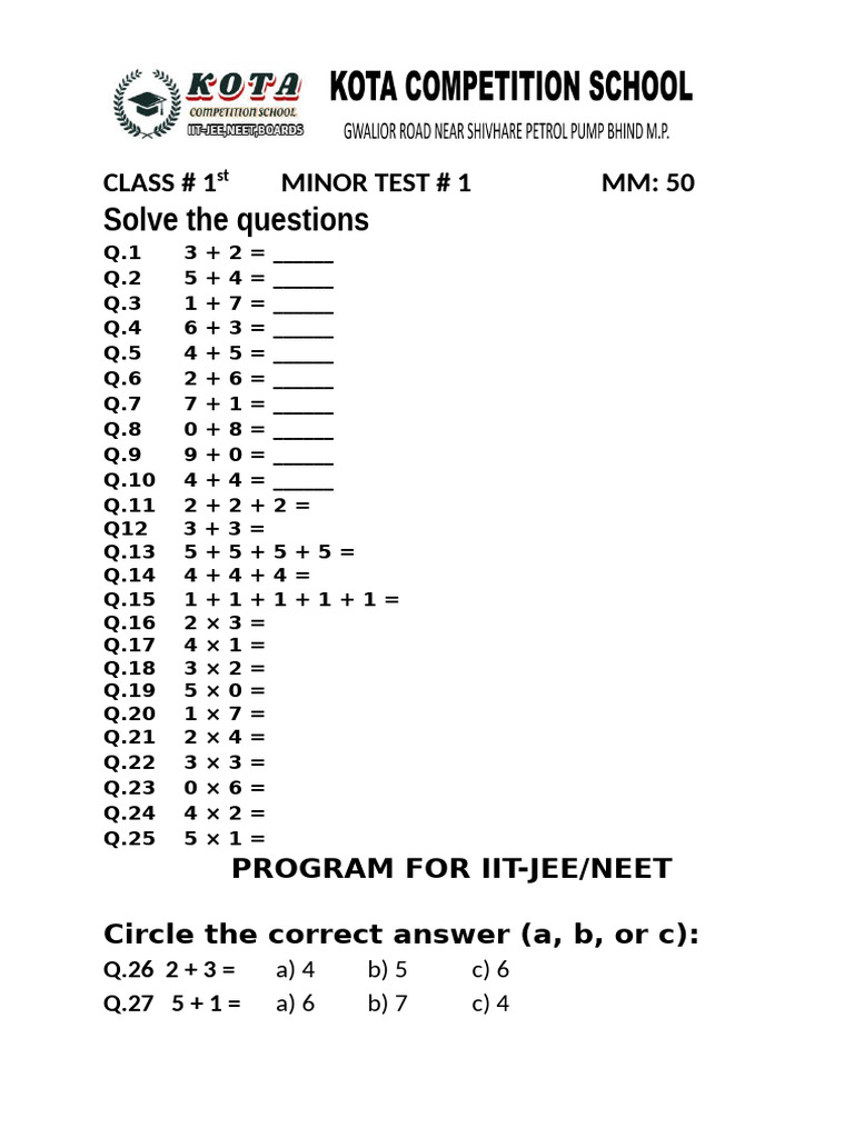 Minor Test Questions for IIT-JEE/NEET | PDF