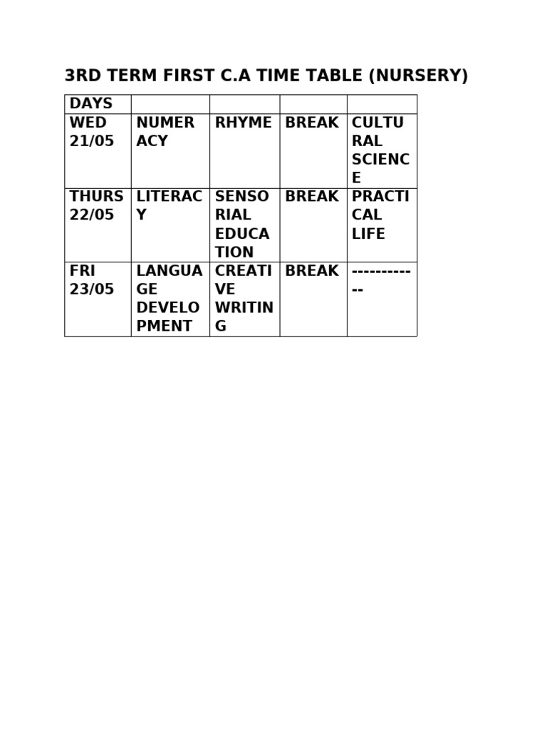 Nursery 3 Third Term Schedule | PDF