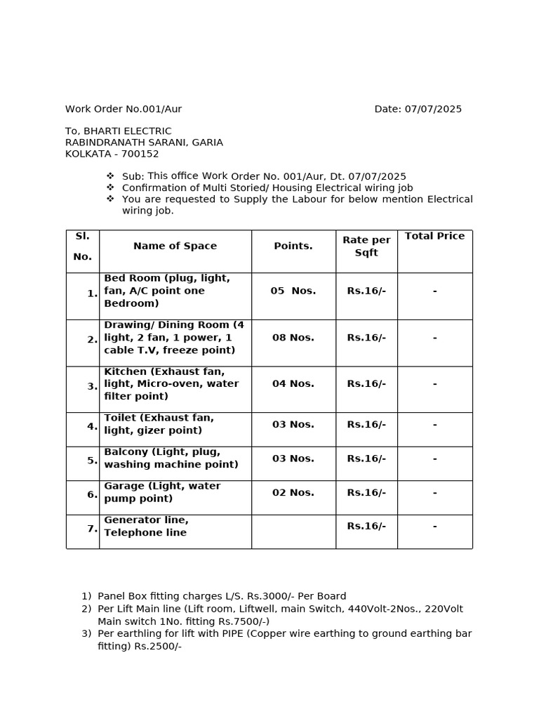 Work Order for Electrical Wiring Job | PDF