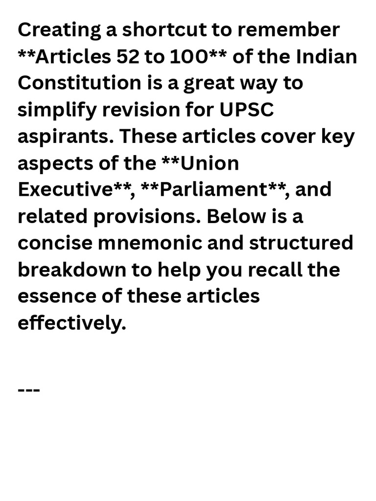 Mnemonics for Articles 52-100 | PDF | Government Of India ...