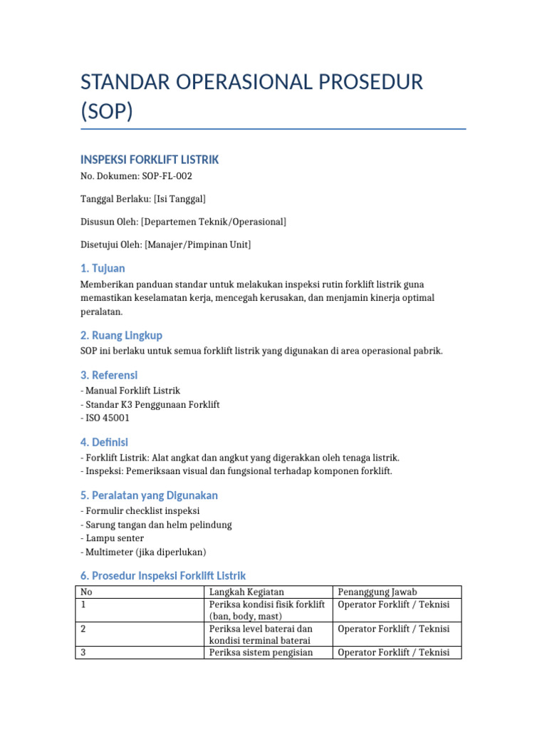 SOP Inspeksi Forklift Listrik | PDF
