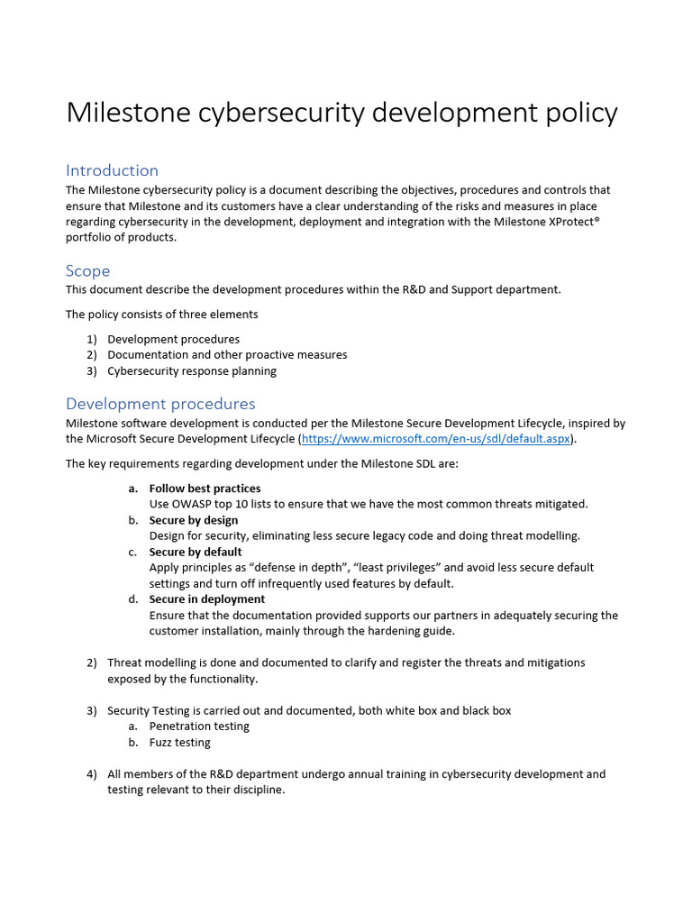 Milestone Cybersecurity Development Policy | PDF | Computer Security ...