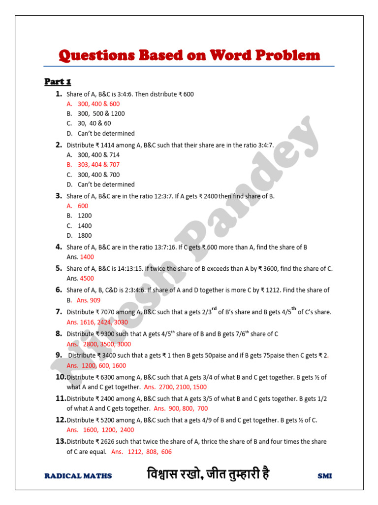Word Problems on Ratios and Shares | PDF
