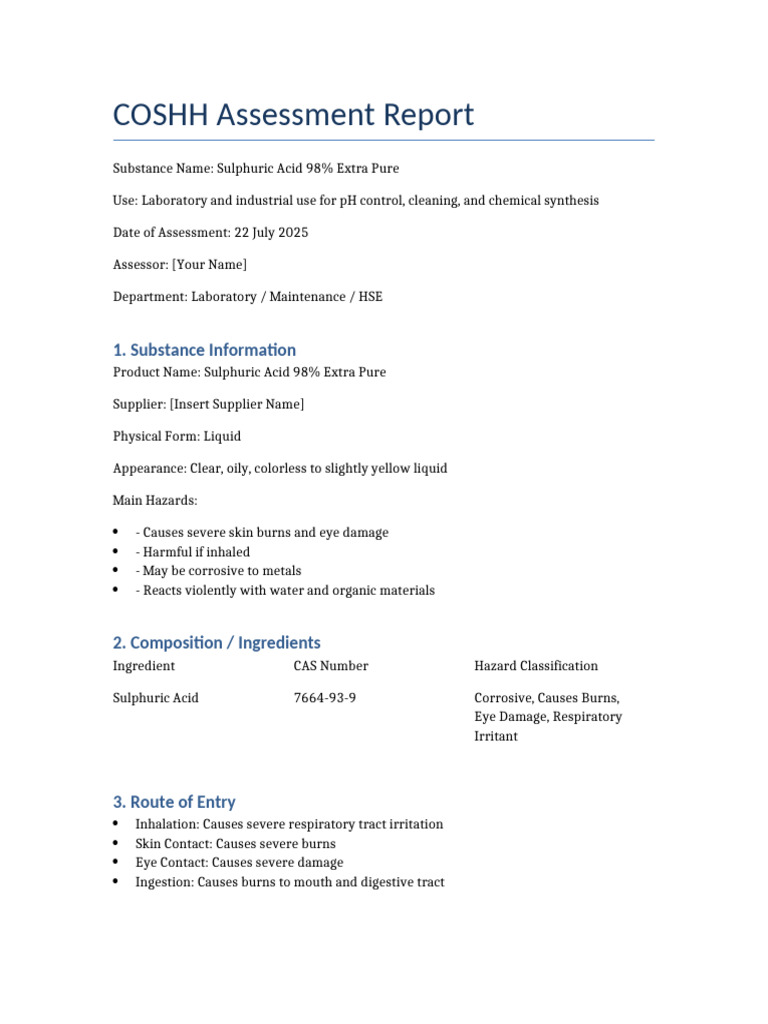 Sulfuric Acid Risk Assessment Report | PDF | Personal Protective ...
