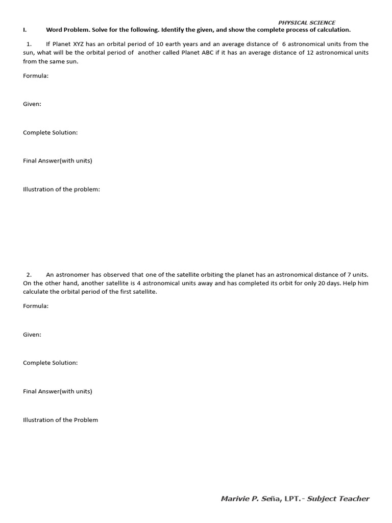 I. Word Problem. Solve For The Following. Identify The Given, and Show ...