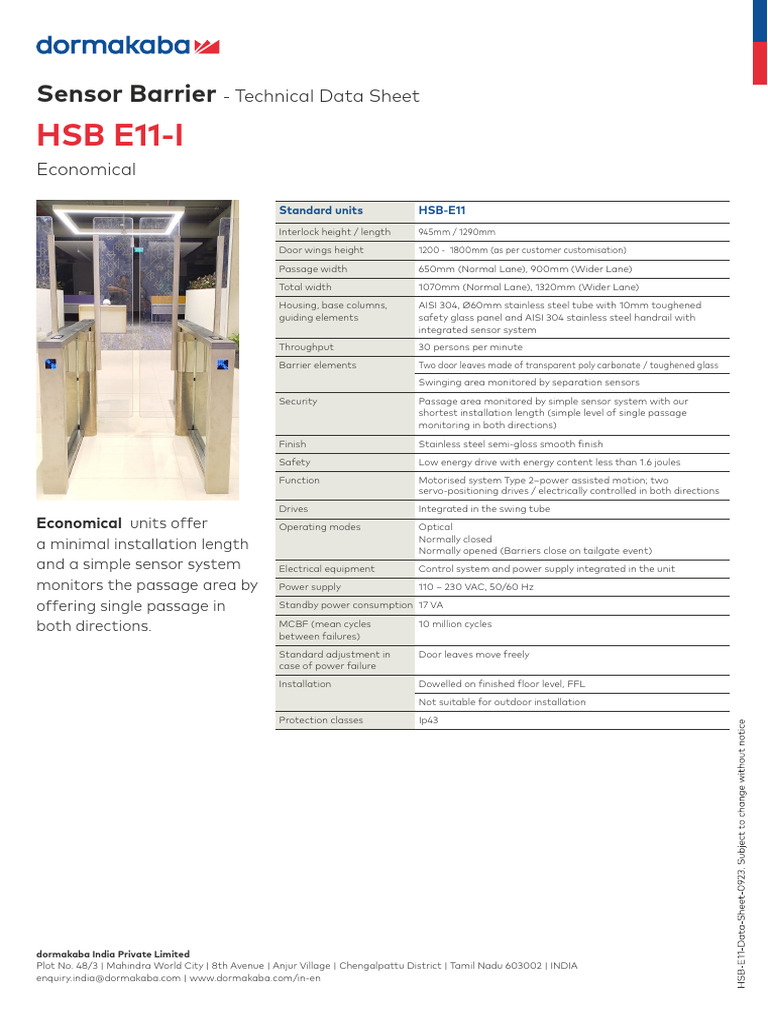 HSB E11 Sensor Barrier Specifications | PDF | Door | Electrical Engineering