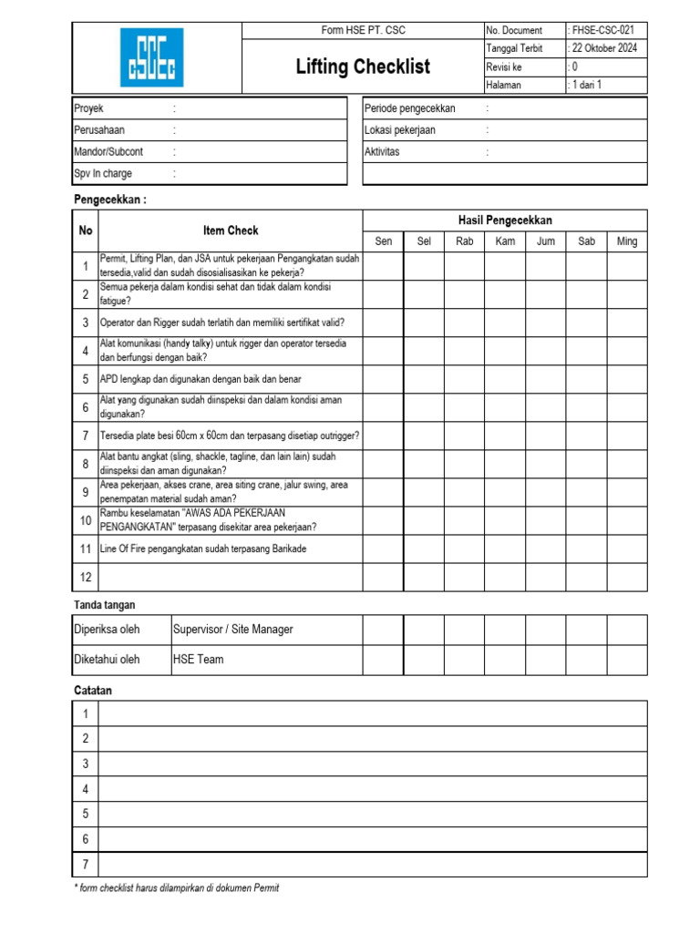 Checklist Keselamatan Pengangkatan HSE | PDF