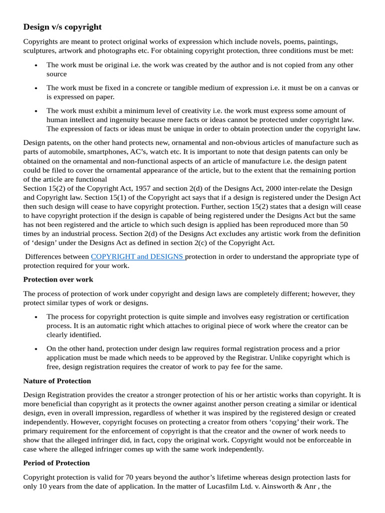 Copyright vs. Design Patent Protection | PDF | Copyright | Design Patent