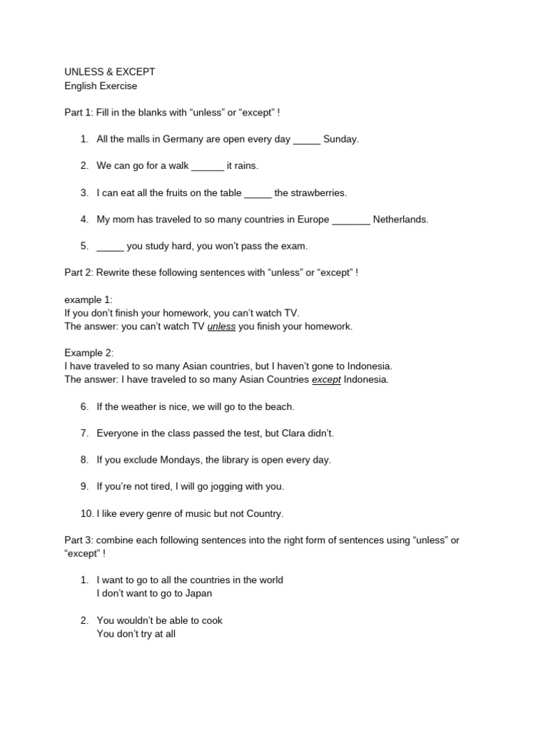 Unless and Except Exercises PDF | PDF