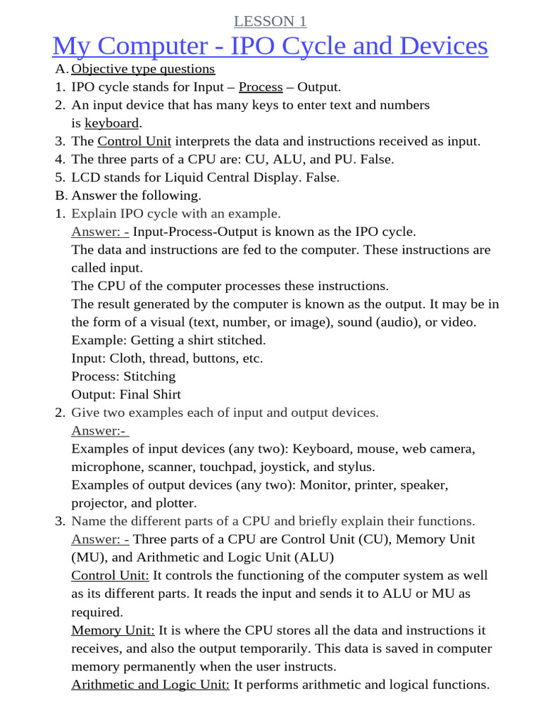 IPO Cycle and Device Examples for Kids | PDF | Input/Output | Central ...