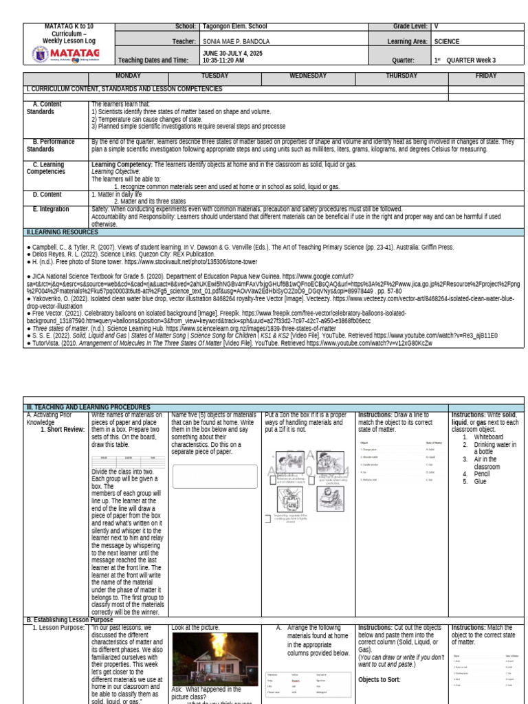 Grade 5 Science Lesson Plan: States of Matter | PDF | Liquids | Classroom