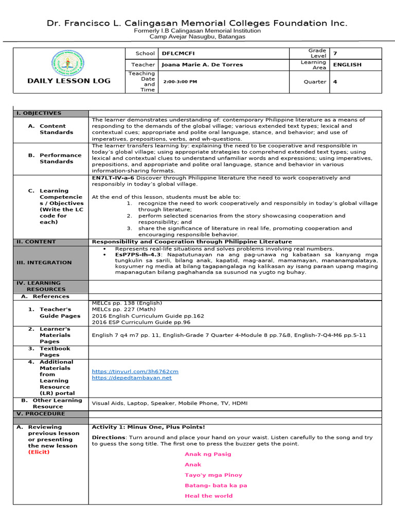 Daily Lesson Log: Grade 7 English | PDF | Learning | Teachers