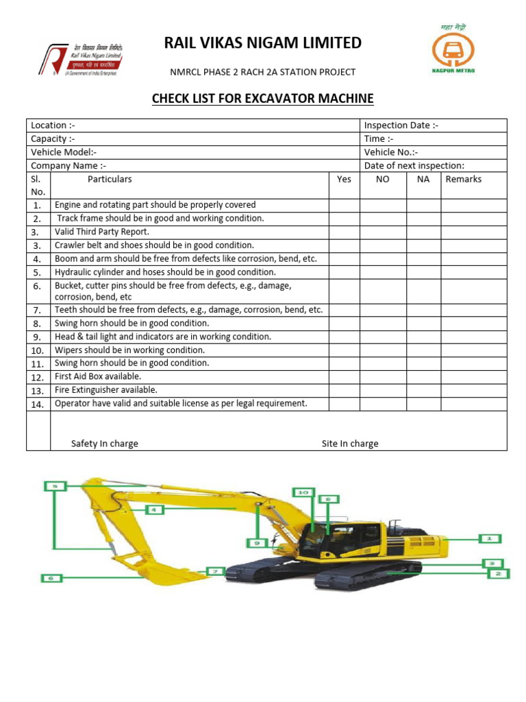 RVNL Check List For Excavator Machine | PDF