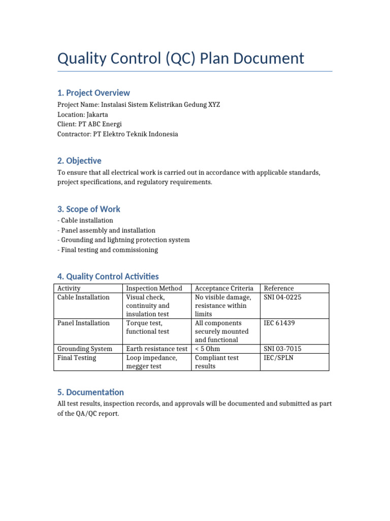 Electrical Quality Control Plan | PDF