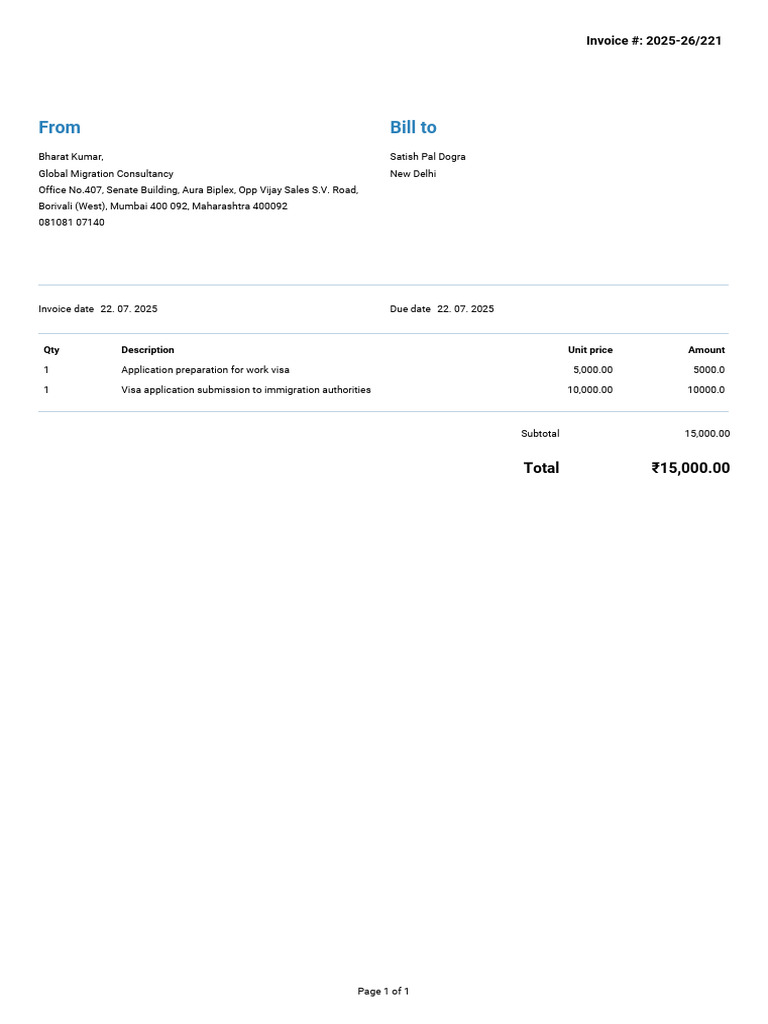 Work Visa Application Invoice 2025 | PDF