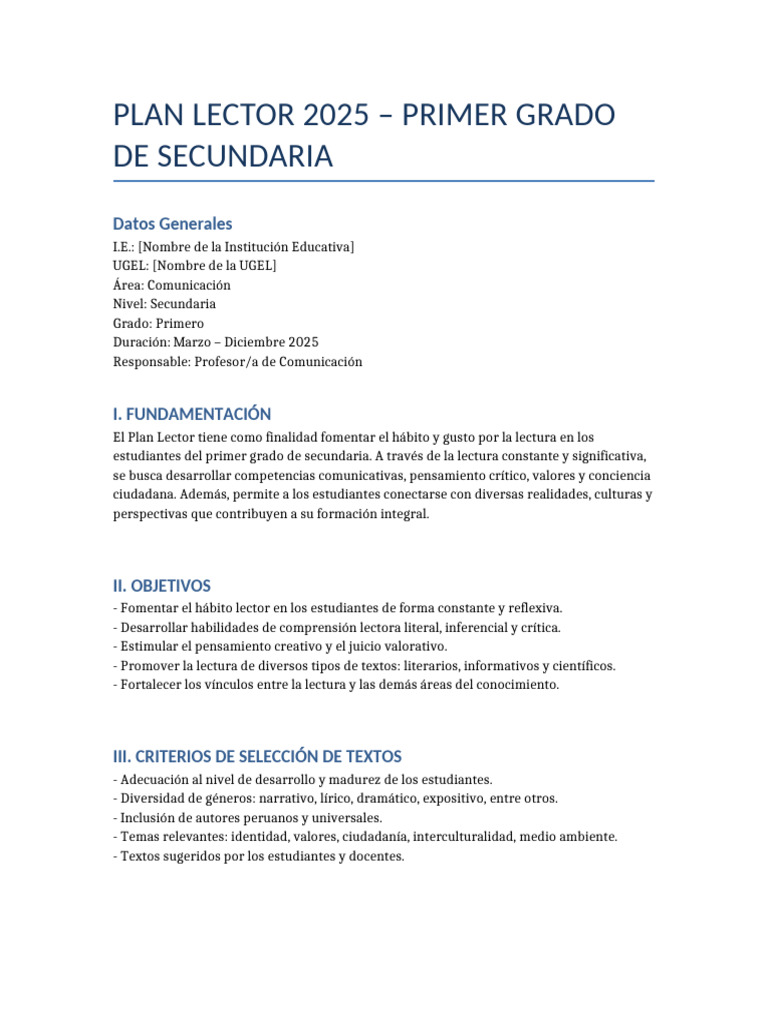 Plan Lector 2025: Primero de Secundaria | PDF | Comprensión lectora