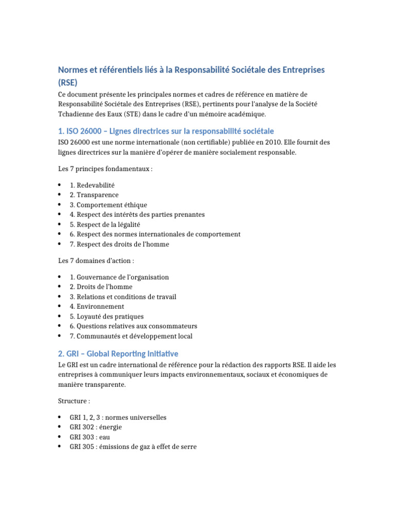 Normes RSE pour la Société Tchadienne des Eaux | PDF | Responsabilité ...