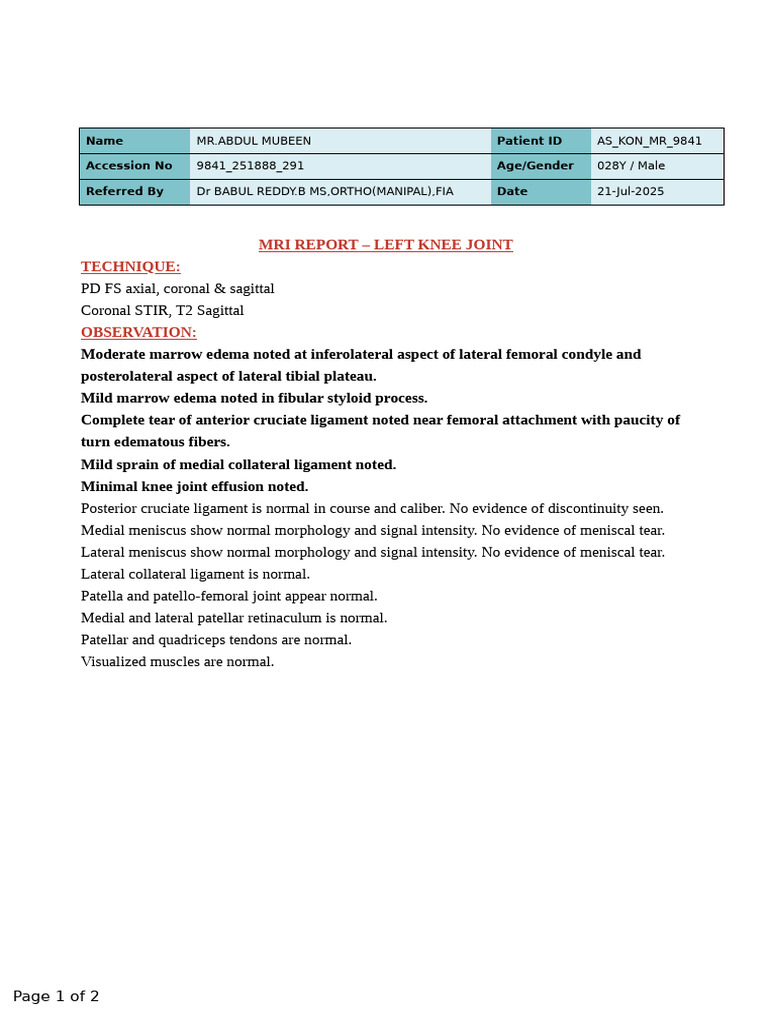 Mri Report - Left Knee Joint Technique:: Name Patient ID Accession No ...