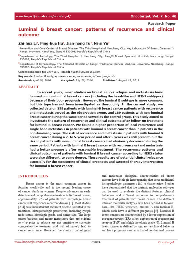 Luminal B Breast Cancer Recurrence Patterns | PDF | Breast Cancer | Cancer