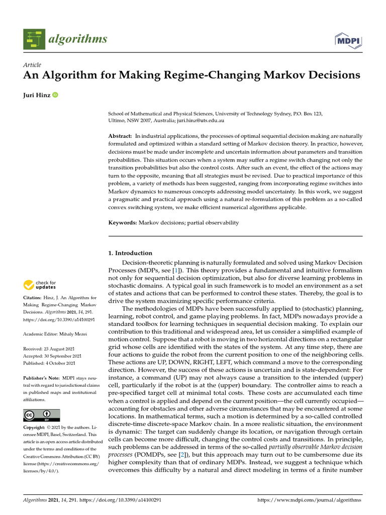 Markov Decision Algorithm for Regime Changes | PDF | Markov Chain ...