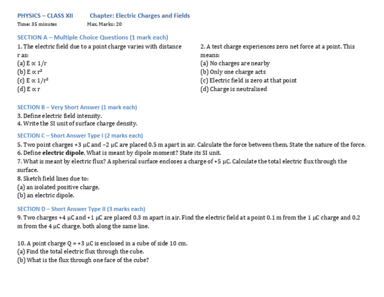 Electric Charges and Fields MCQs & Answers | PDF