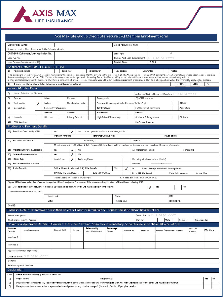 Axis Max Life Group Credit Insurance Form | PDF | Loans | Economies