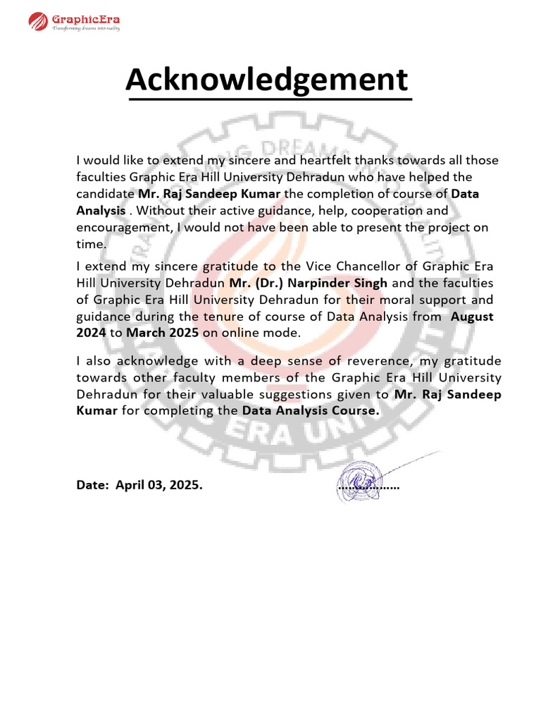 Acknowledgment for Data Analysis Course | PDF