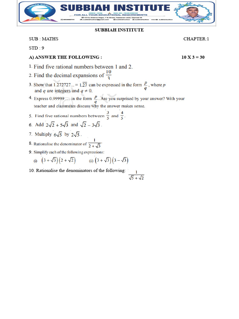 9th Grade Maths Chapter 1 Questions | PDF
