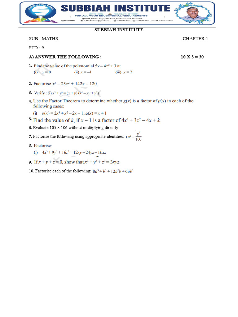 9th Grade Maths Chapter 1 Exercises | PDF