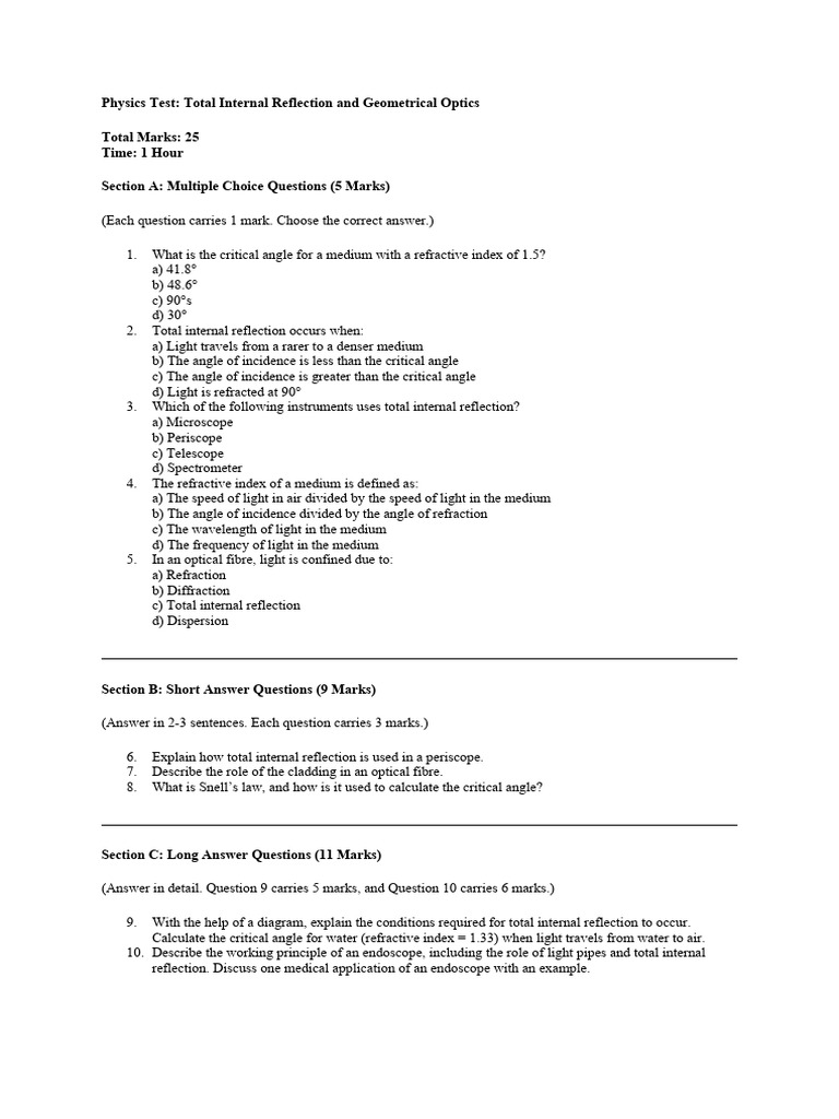 Physics Test on Total Internal Reflection | PDF