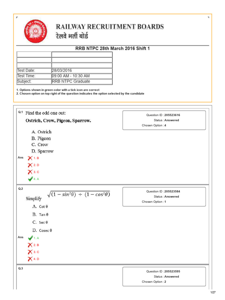 RRB NTPC Graduate Exam Shift 1 Answers | PDF | Chess Theory | Chess ...