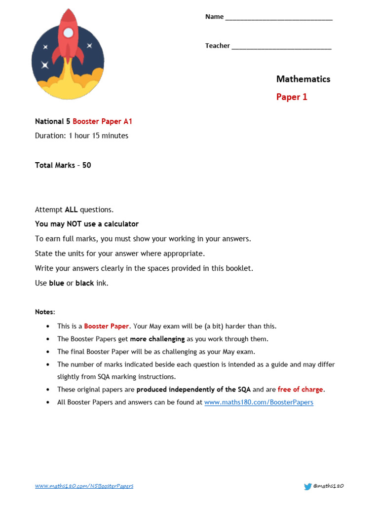 National 5 Maths Booster Paper A1 | PDF | Mathematics | Elementary ...