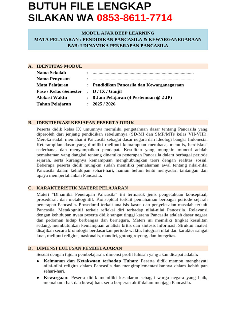 Modul Ajar Deep Learning Pkn Kelas 9 Terbaru 2025 Pdf
