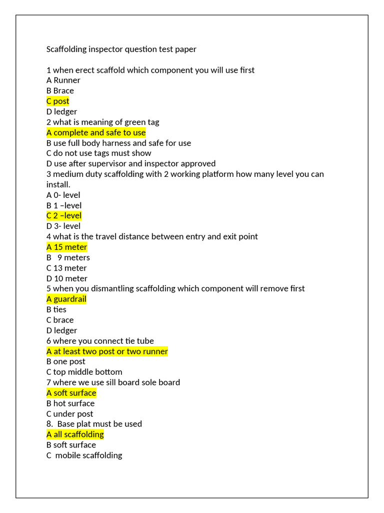 Scaffolding Inspector Test Questions | PDF | Scaffolding | Manufactured ...