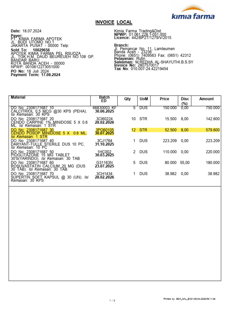 Invoice Local: Date: Payer: NPWP: Licence: Branch: Pelayanan: Salesman ...