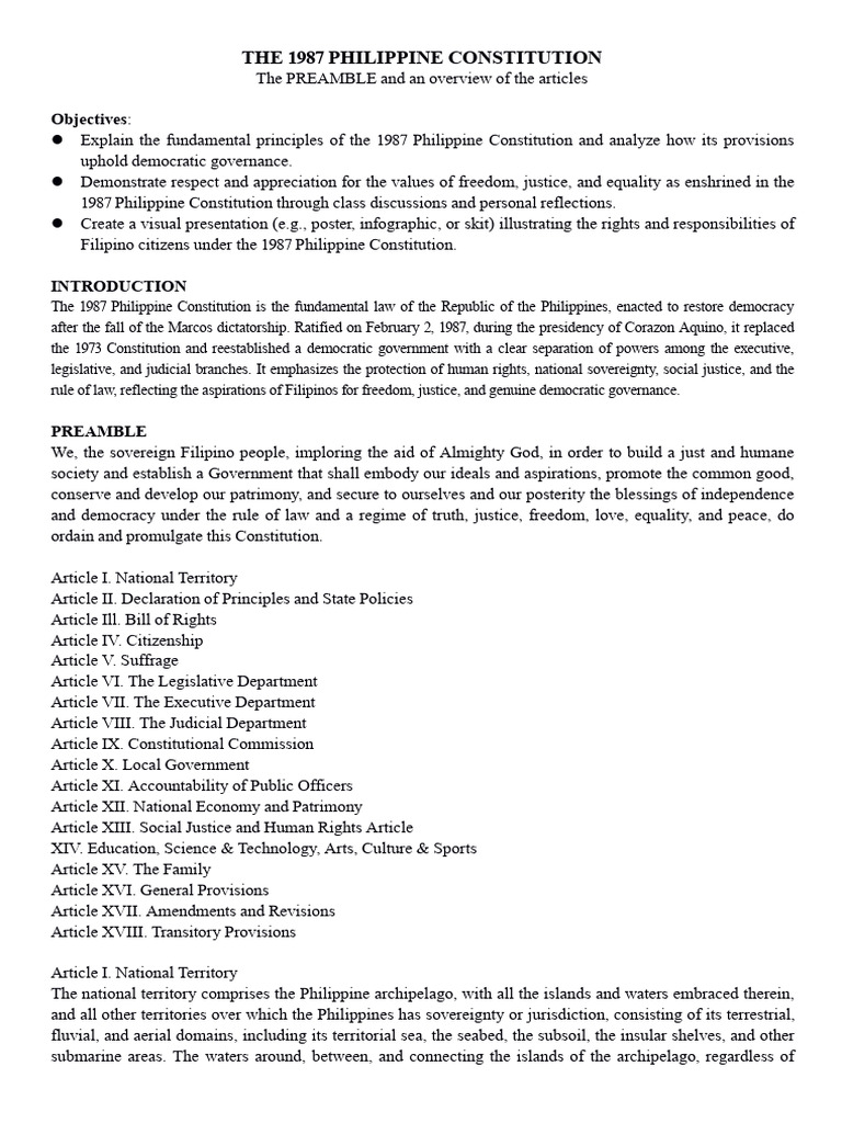 Overview of the 1987 Philippine Constitution | PDF | Human Rights ...