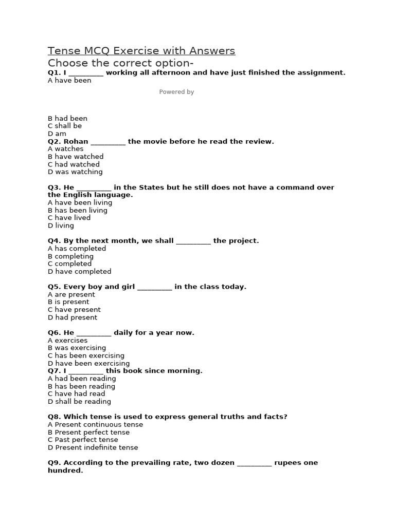 Tense MCQs with Answers | PDF | Grammatical Tense | Verb