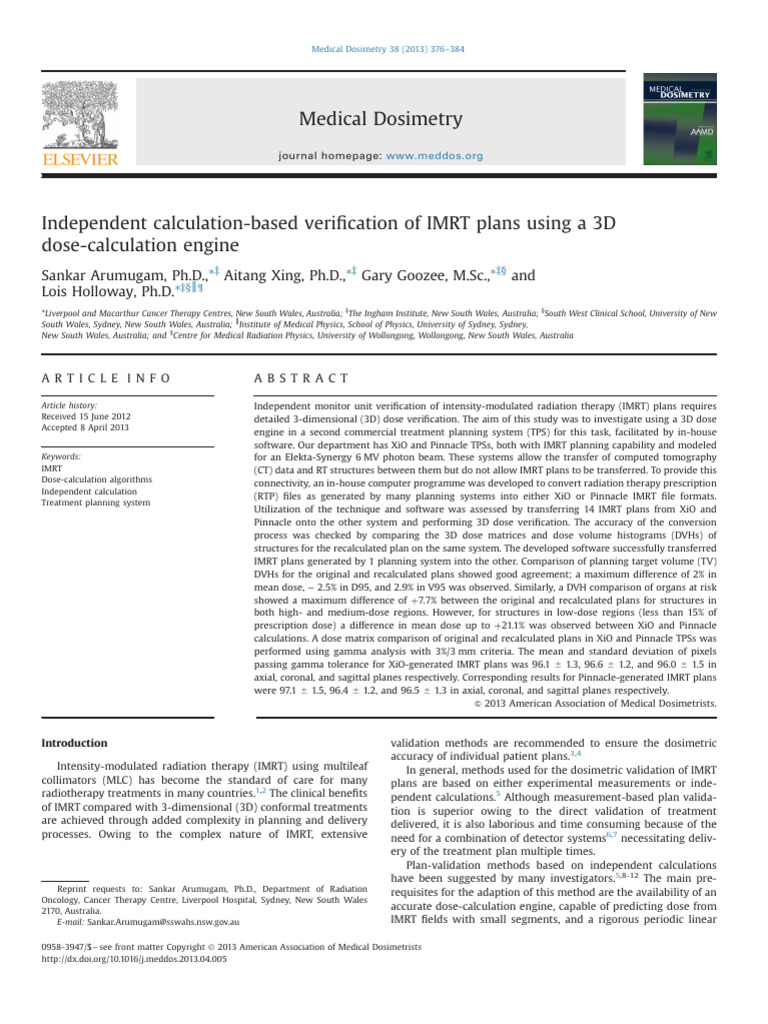 3D Dose Verification for IMRT Plans | PDF | Radiation Therapy | Dosimetry