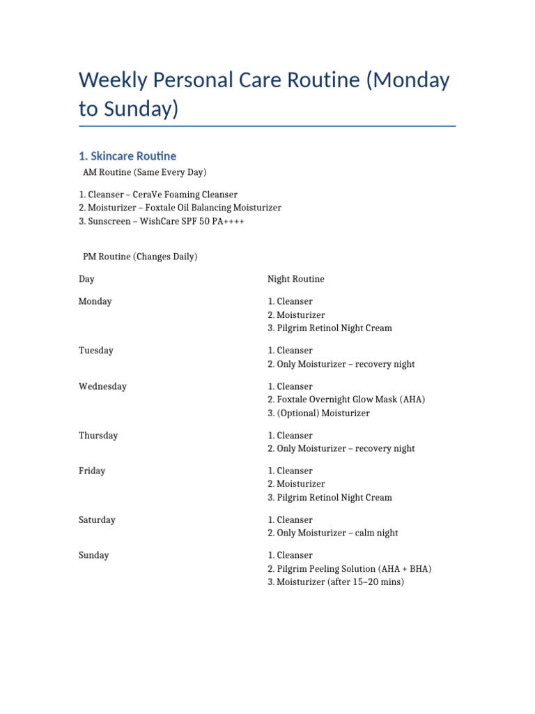 Weekly Skincare and Body Care Routine | PDF | Skin Care | Cosmetics