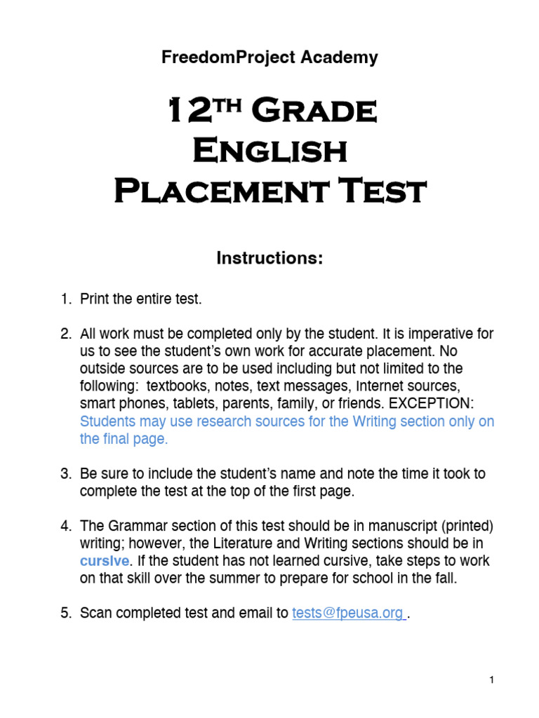 12th Grade English Placement Test | PDF | Verb | English Language