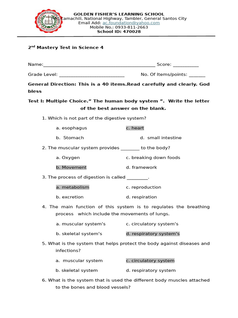 Science 4 Mastery Test on Body Systems | PDF | Root | Muscle