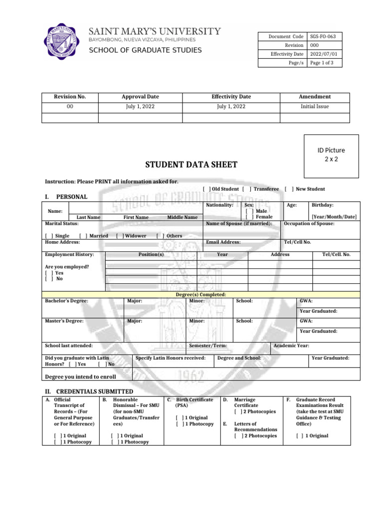 SGS FO 063 Student Data Sheet | PDF | Thesis