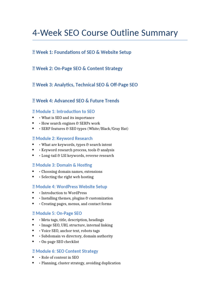 4-Week SEO Course Overview | PDF | Search Engine Optimization | Word Press