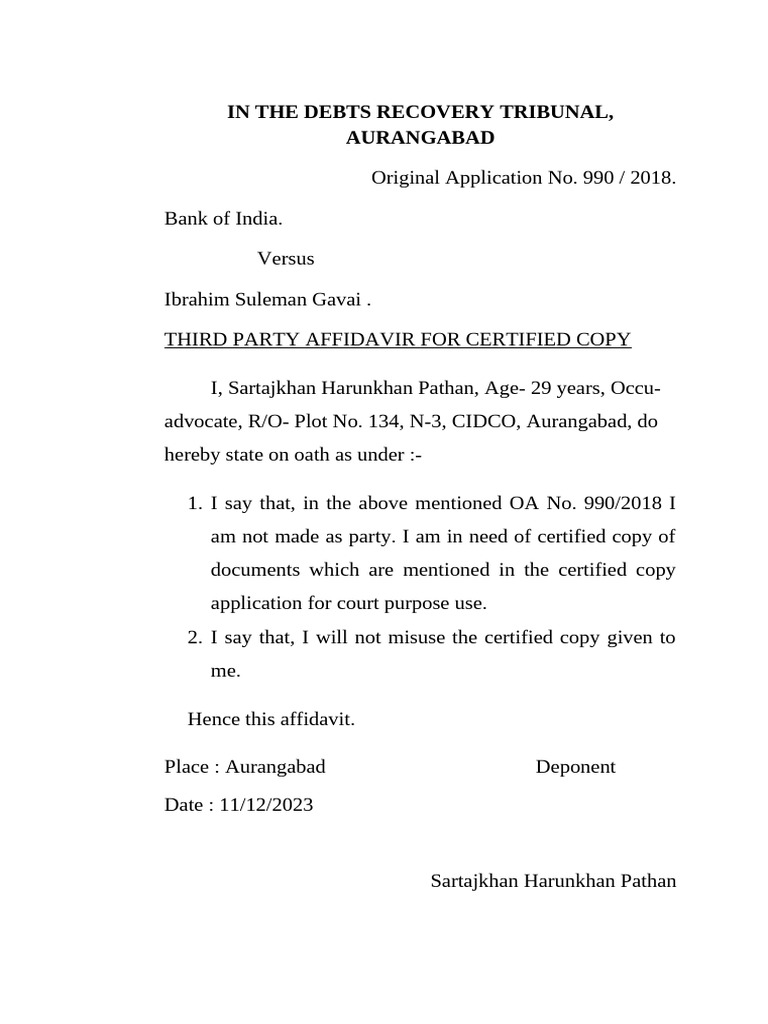 DRT Certified Copy Application Form | PDF | Affidavit | Legal Procedure