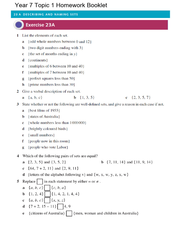 Year 7 Mathematics Homework Booklet | PDF | Intersection (Set Theory ...