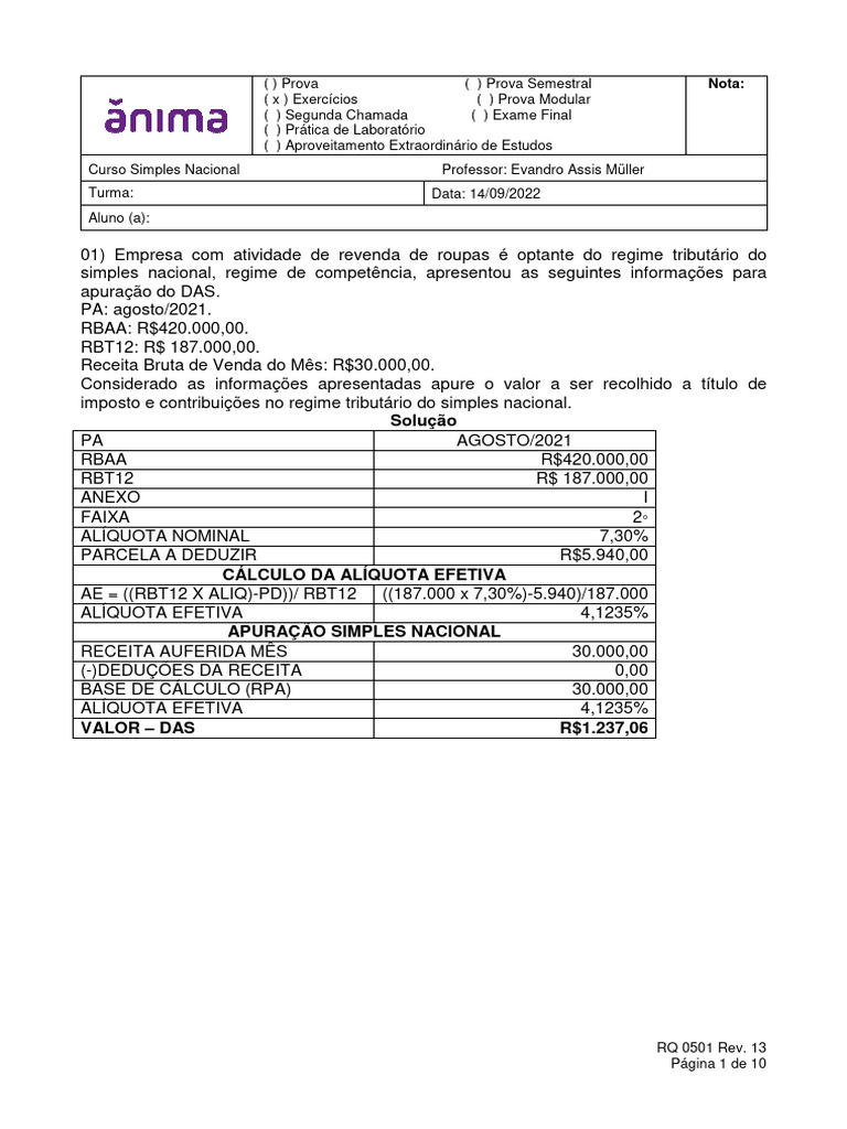 Cálculo de DAS no Simples Nacional | PDF | Impostos | Finanças ...