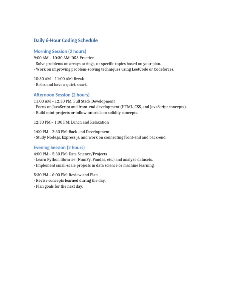 Daily 6-Hour Coding Schedule | PDF