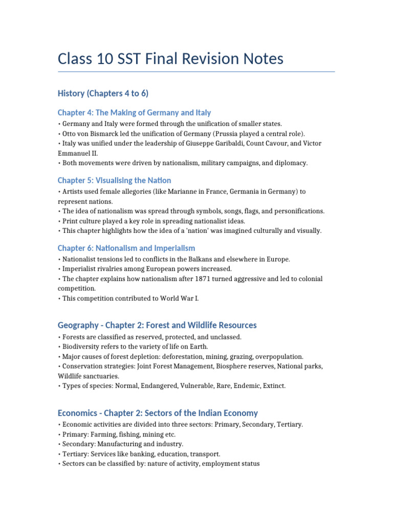 Class 10 SST Revision Notes Summary | PDF | Nationalism | Germany