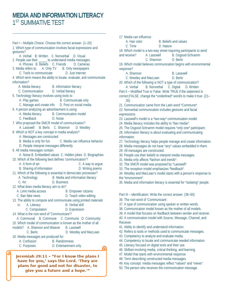 Media and Information Literacy Test | PDF | Communication | Cognition